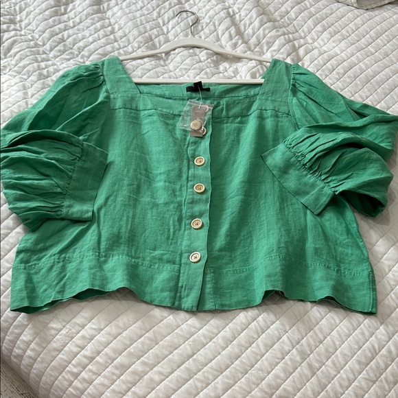 J. Crew 2X 100% Linen Square Neck Puffy Sleeves Kelly Green Blouse lightweight - Picture 15 of 16